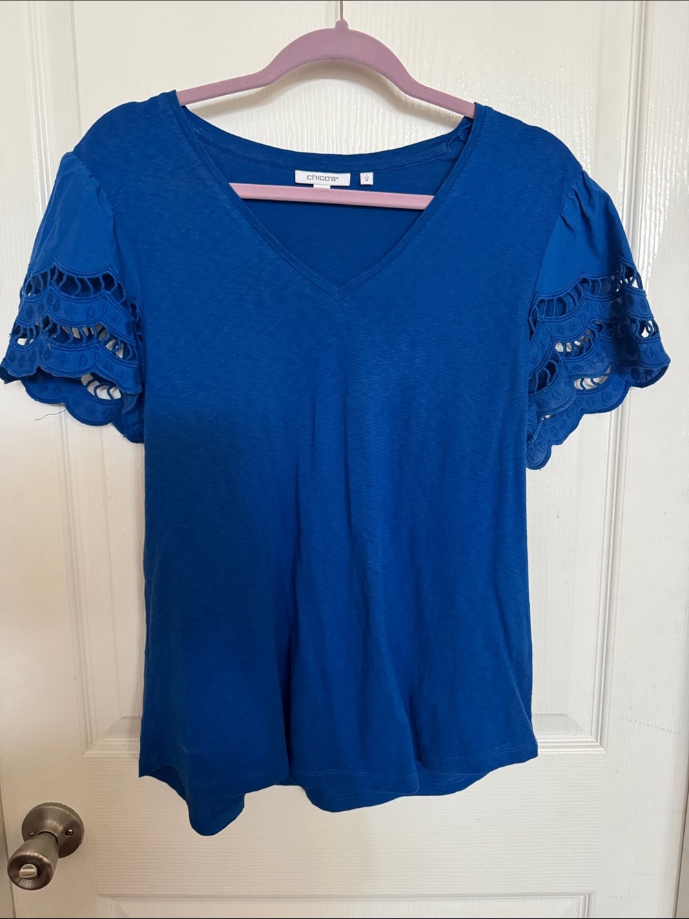 Chico's Royal Blue V-Neck Top with Lace Cutout Sleeves